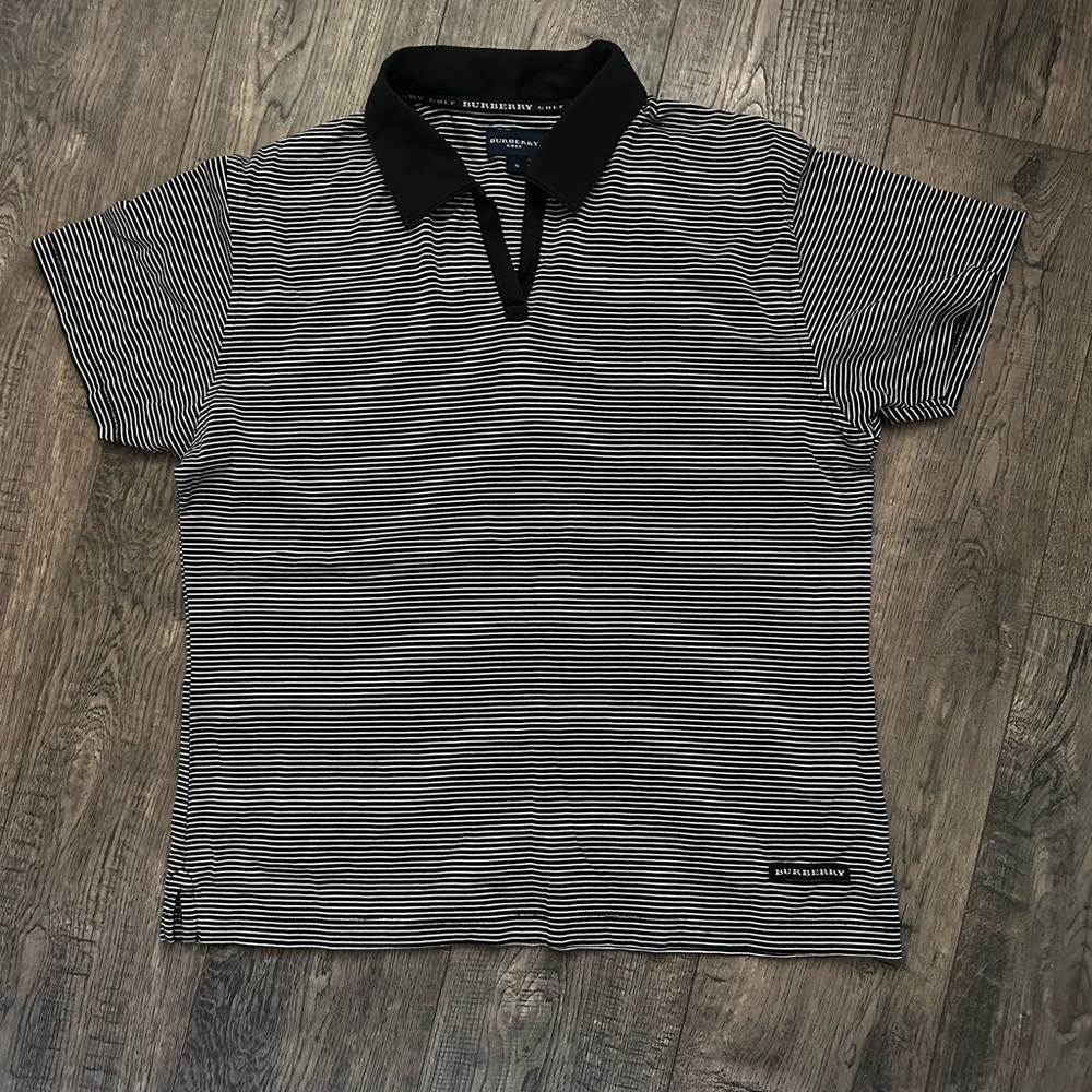 Burberry Black and White Striped Polo Top